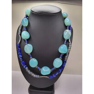 Long Boho Glass Bead Necklace Aqua Blue Layered Artisan Statement 42 Inch